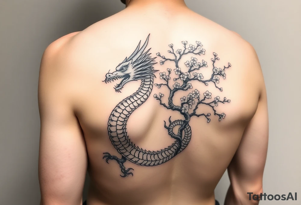 Sekiro shadows die twice divine dragon entwined with a cherry blossom tree going from chest to shoulder tattoo idea