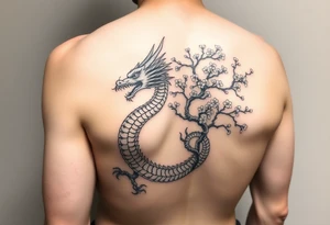 Sekiro shadows die twice divine dragon entwined with a cherry blossom tree going from chest to shoulder tattoo idea
