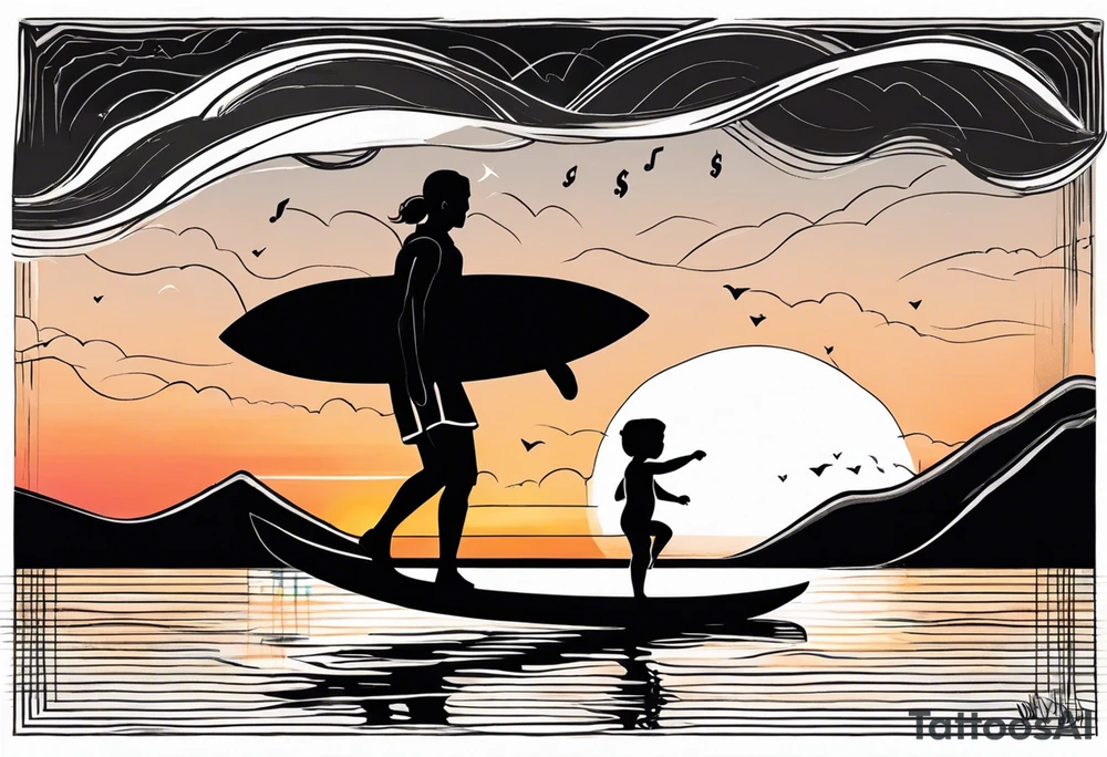 Black and white Line work tattoo depicting a father surfing with his two daughters.  The sunset and horizon have musical notes. tattoo idea
