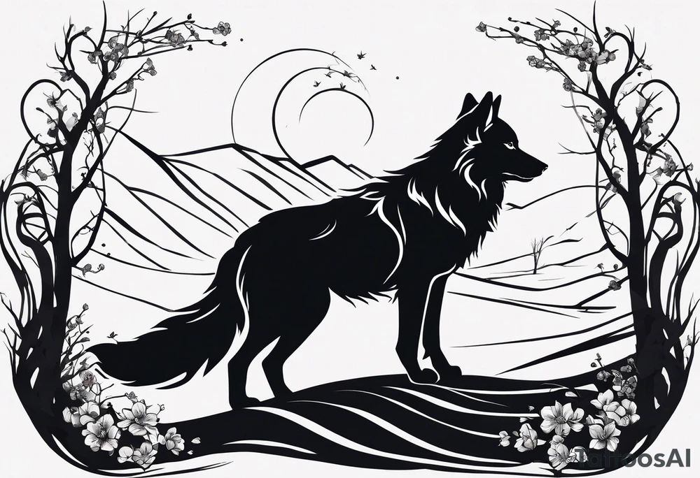 Two curved lines diverge, representing paths. Two wolves. One path is barren. The other path sprouts small leaves. Silhouette of a hunched wolf at the end of the barren path. Silhouette of a standing, open wolf at the end of the flowering path tattoo idea