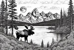 Half sleeve of Teton mountain range with moon in the sky, two moose in front of Teton lake and some fir trees tattoo idea