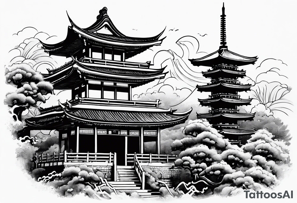 Japanese pagoda guarded by a japanese dragon, black and white colours, portrait mode and a4 size tattoo idea