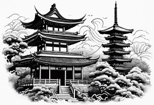 Japanese pagoda guarded by a japanese dragon, black and white colours, portrait mode and a4 size tattoo idea