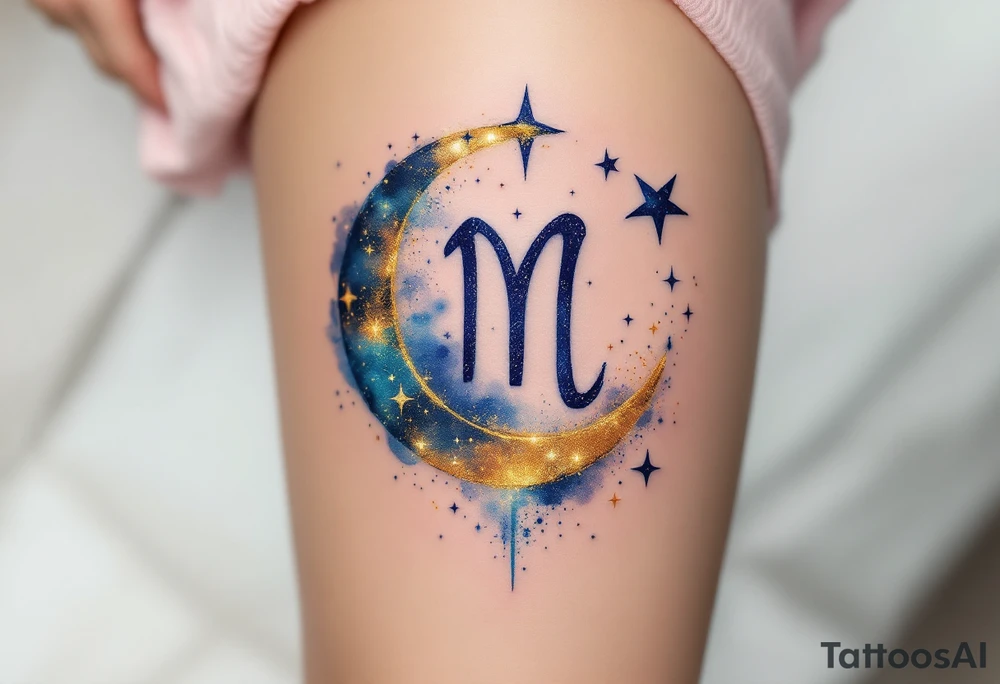 A sleek Virgo zodiac symbol (♍) embedded within a celestial design. Surrounding it are glowing stars, a crescent moon, and swirling cosmic dust in deep midnight blue and shimmering gold, representing Virgo’s connection to intelligence and mysticism. tattoo idea