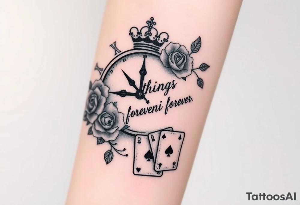 Roman clock with roses and a crown, a quote that says nothings forever. and on the bottom a deck of cards tattoo idea