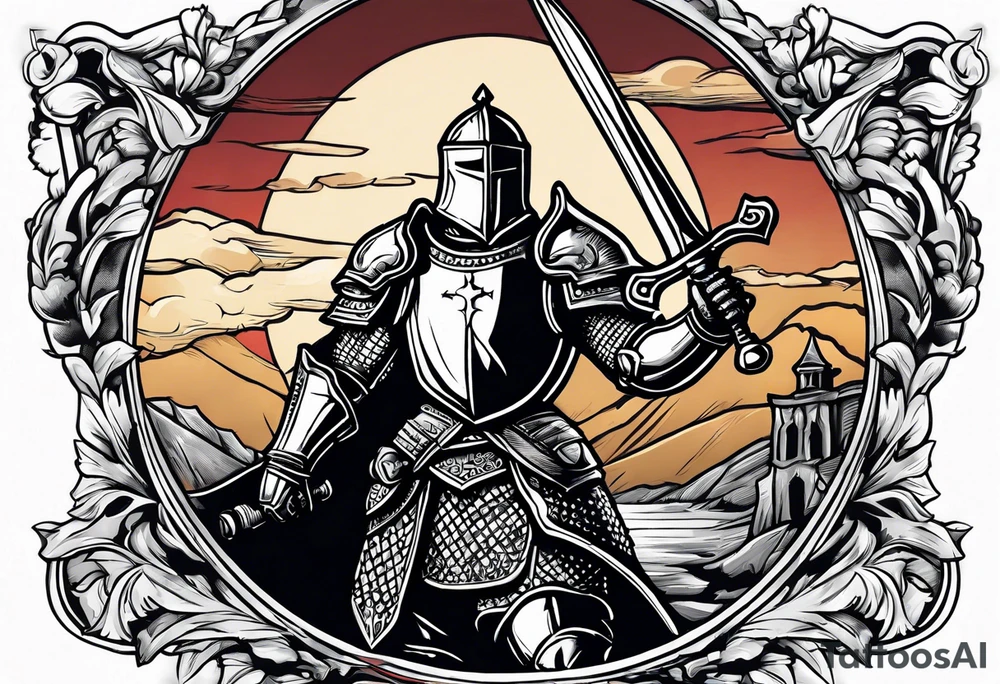 knight holding a bible over his head in combat tattoo idea