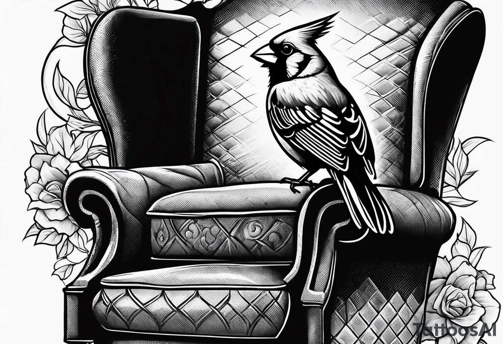 female cardinal in a chair drinking coffee tattoo idea