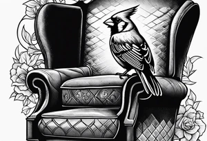 female cardinal in a chair drinking coffee tattoo idea