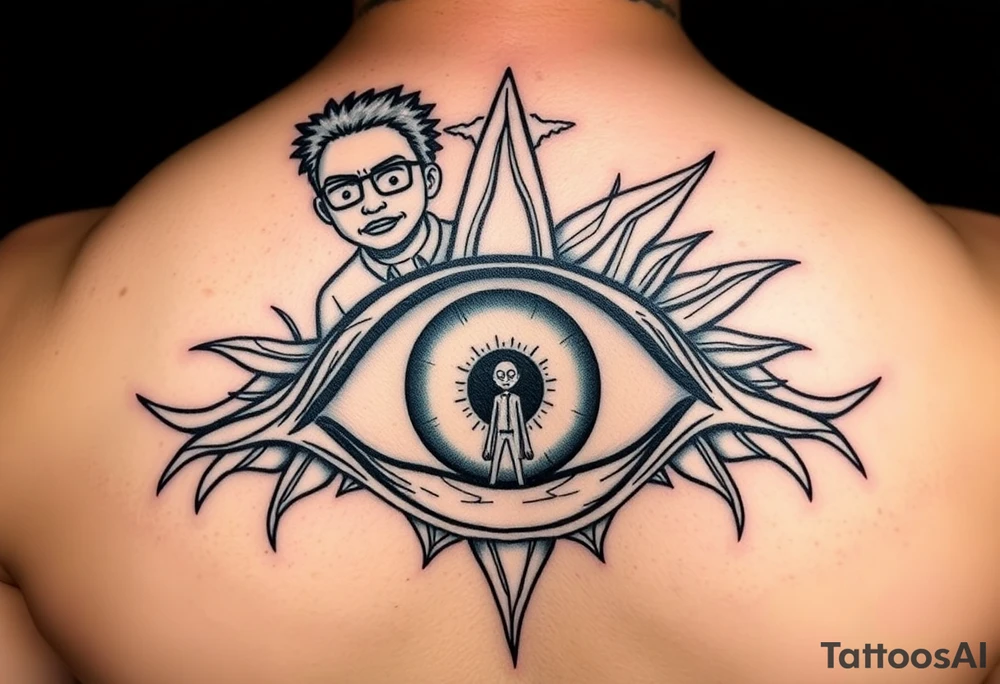 Boondocks Riley Freeman and Huey Freeman on top. in the middle itachi sharingan with one eye having Rick and Morty walking out of it, tattoo idea