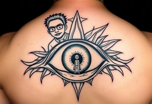 Boondocks Riley Freeman and Huey Freeman on top. in the middle itachi sharingan with one eye having Rick and Morty walking out of it, tattoo idea