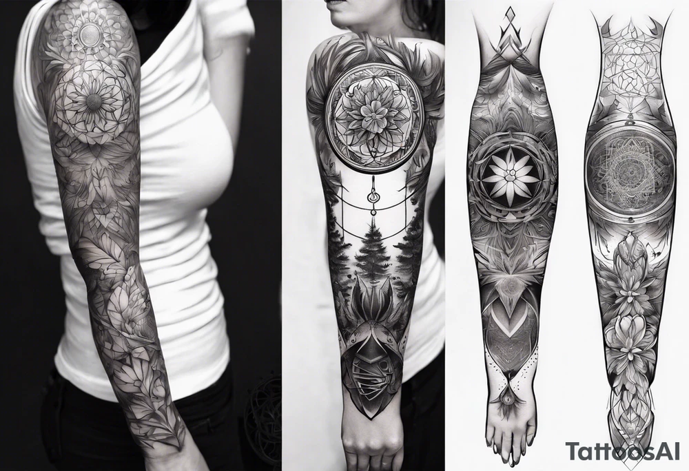 Sleeve tattoo on a woman's arm. Phoenix and mandala Flower of life and mandala Metatron's cube sacred geometry tattoo idea