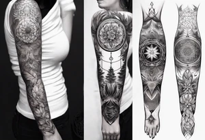 Sleeve tattoo on a woman's arm. Phoenix and mandala Flower of life and mandala Metatron's cube sacred geometry tattoo idea