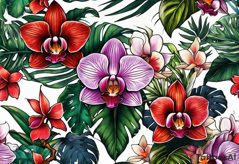 Tropical plants and orchids full sleeve tattoo idea