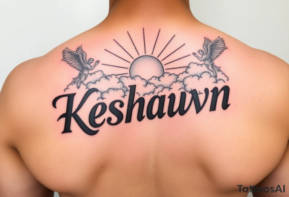 The name Keshawn with some clouds and realistic sun rays beaming out of the clouds with angels around his name tattoo idea