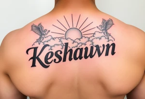 The name Keshawn with some clouds and realistic sun rays beaming out of the clouds with angels around his name tattoo idea