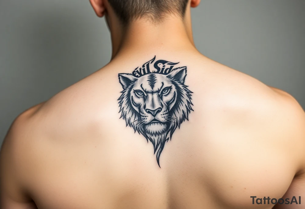 Bold. cover up .saying Evil Side from ear to ear on front of neck. black and white . Lion . tattoo idea