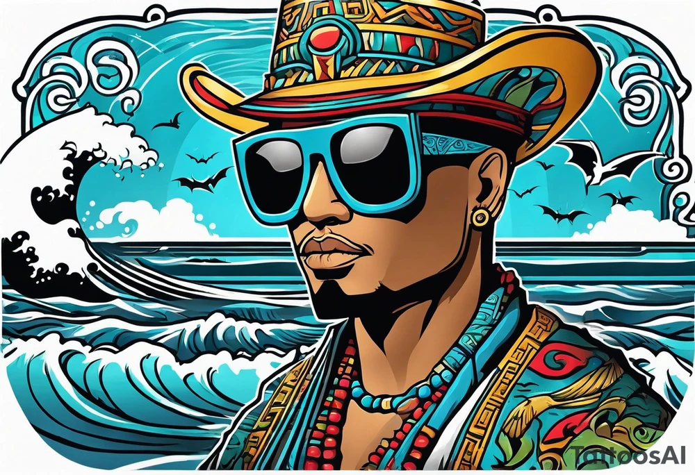 Colorful Mayan hieroglyph wearing sunglasses with ocean waves and bats tattoo idea