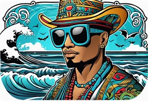 Colorful Mayan hieroglyph wearing sunglasses with ocean waves and bats tattoo idea