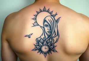 sun and moon embrace with lotus flower in a hour glass that breaks into flying birds and a clock in background with an arab woman with scarf over her face tattoo idea