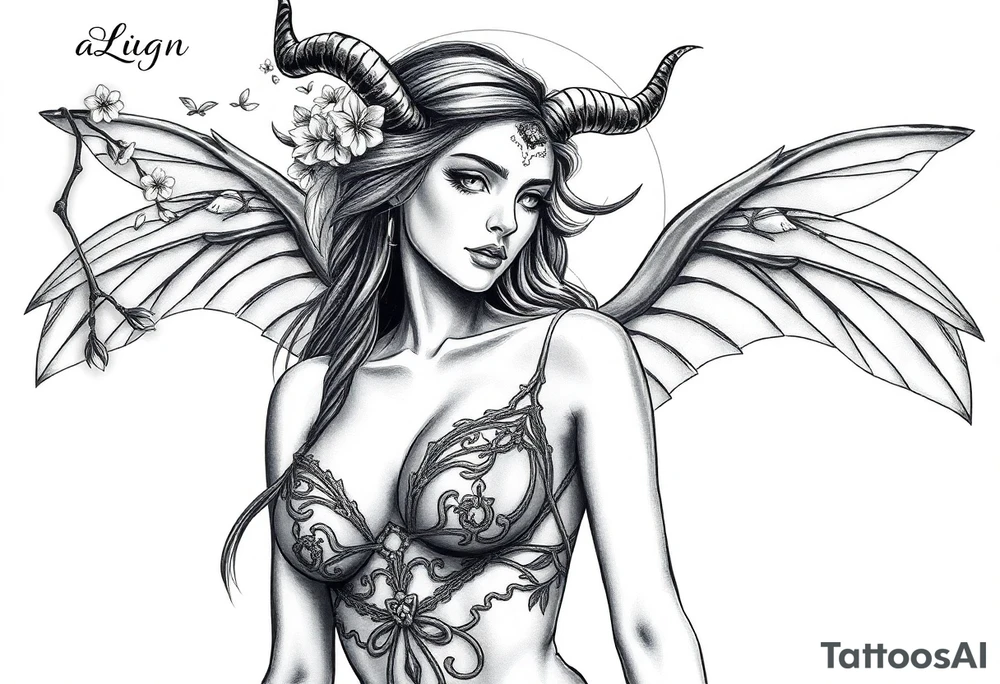 Hottest depiction of a starter the goddess of Love and war nude with see-through exotic lingerie at sunset with cherry blossoms with angel wings resembling a lunar moths also horns resembling antenna face off to one side slightly casting shadow tattoo idea