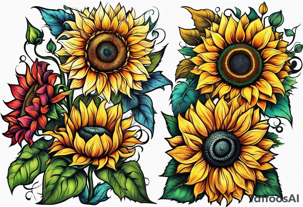 Colorful sunflower arm sleeve tattoo idea