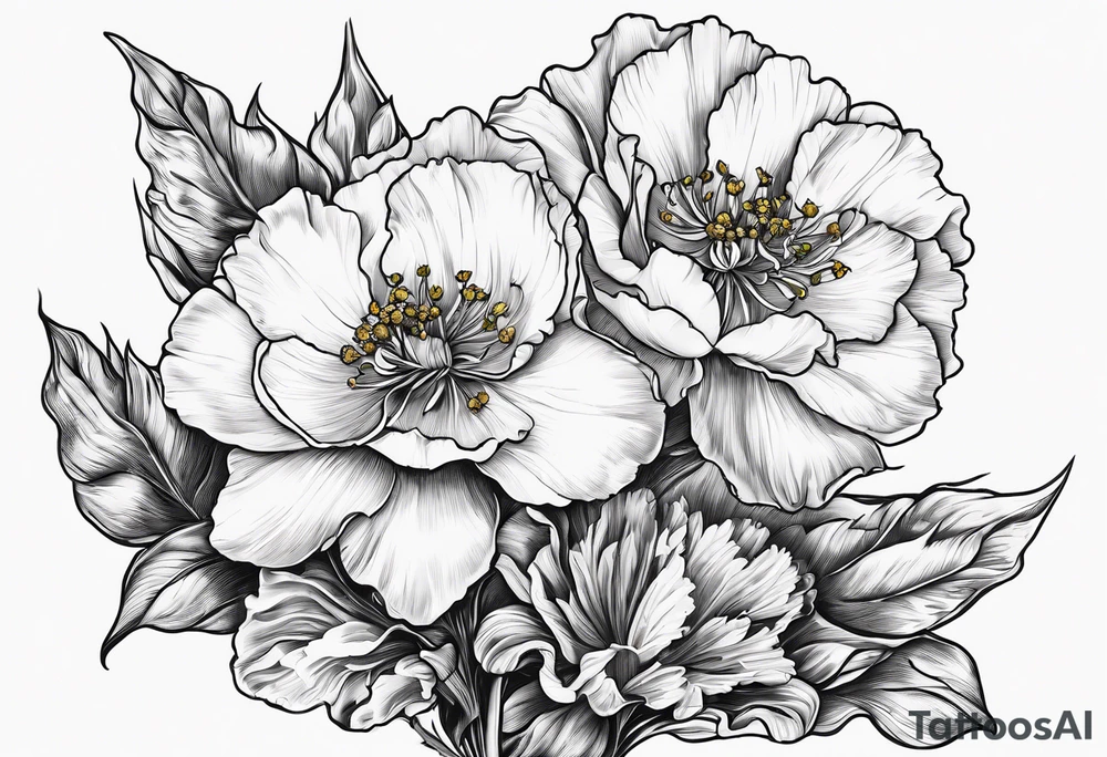 Two carnations, Two daffodils, One snowdrop, One hawthorn flower, Two honeysuckle blooms, tattoo idea