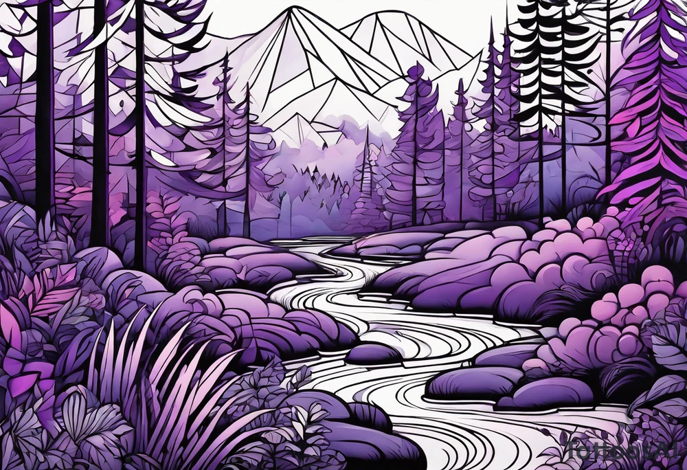 forest, lineswork, purple and black tattoo idea