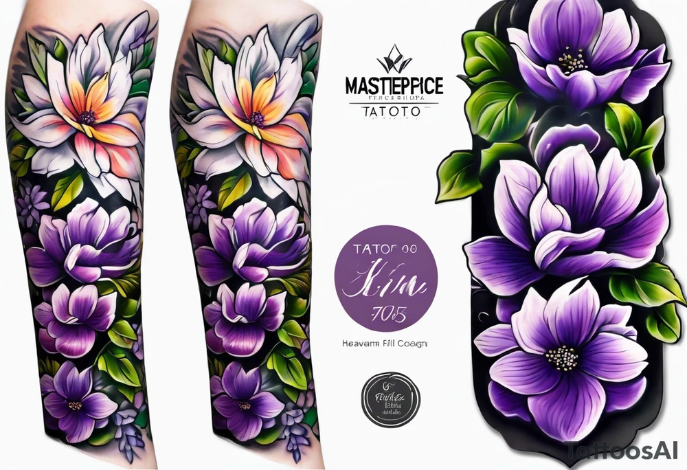 Forearm tattoo with purple flowers to always remember my grandma that passed away with a small white dove and heaven things added like clouds and stairs. tattoo idea