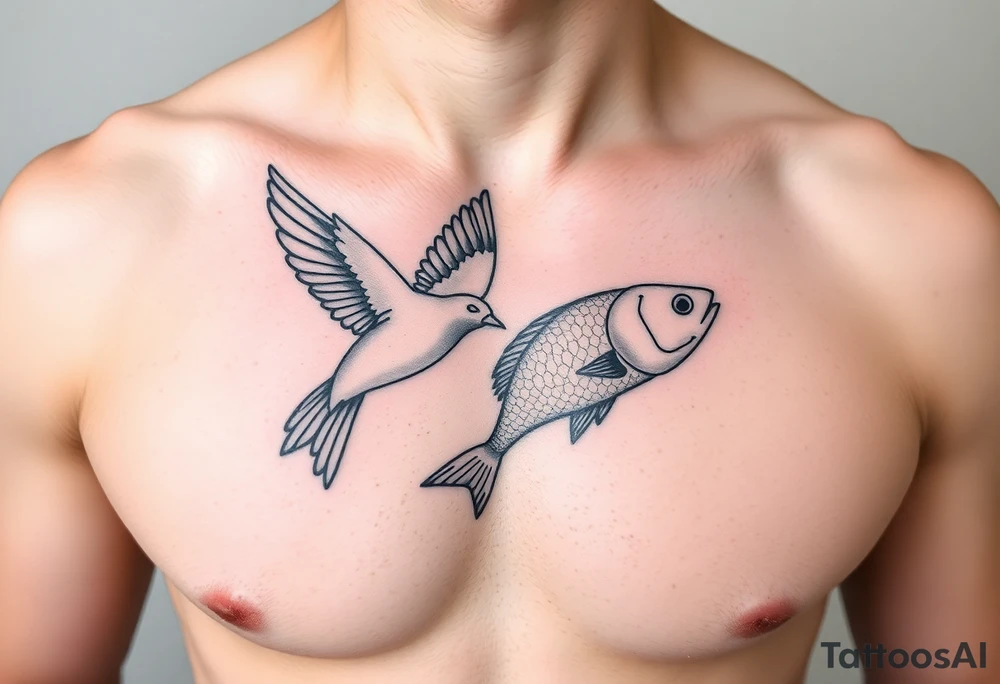 minimal fine line bird and fish tattoo, for chest, man. not many details. a lot of black color tattoo idea