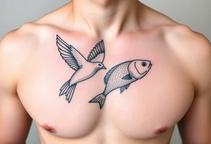minimal fine line bird and fish tattoo, for chest, man. not many details. a lot of black color tattoo idea