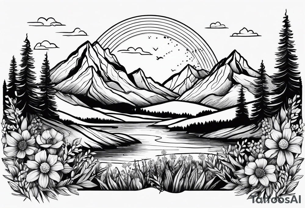 small, mountains, sun, wildflowers tattoo idea