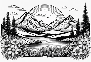 small, mountains, sun, wildflowers tattoo idea