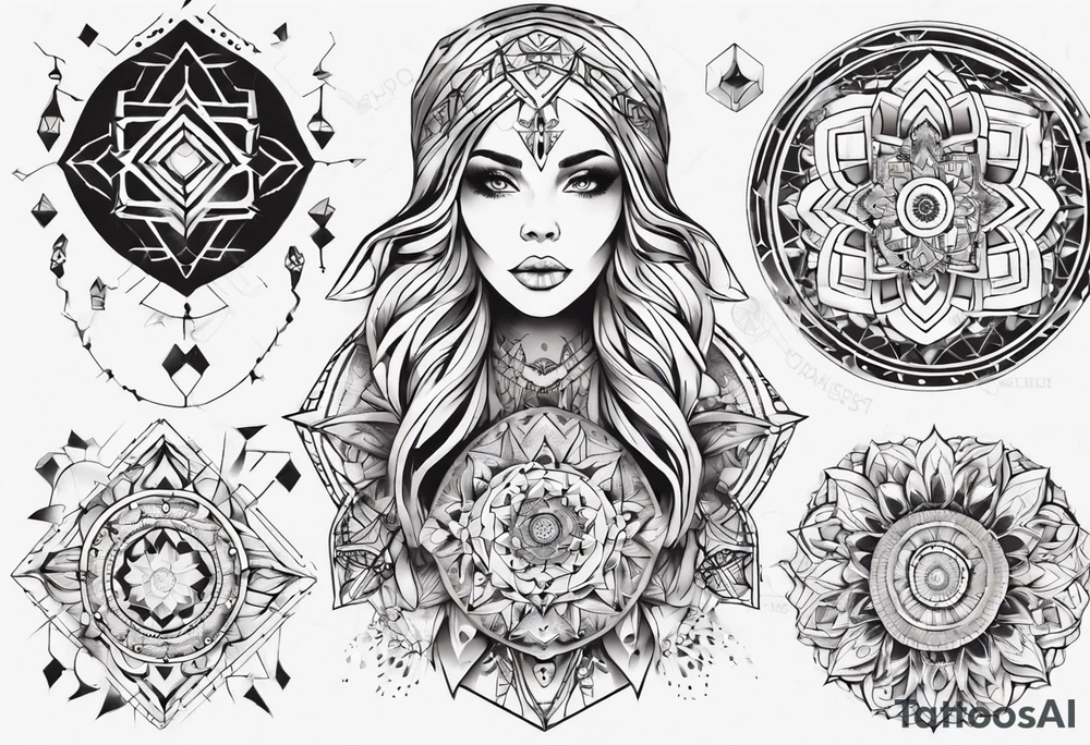 beautiful woman mixed with geometric objects like a mandalas tattoo idea
