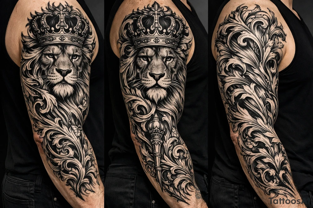 majestic lion wearing ornate crown, surrounded by baroque flourishes tattoo idea