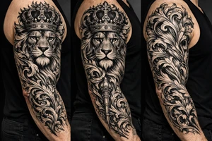 majestic lion wearing ornate crown, surrounded by baroque flourishes tattoo idea