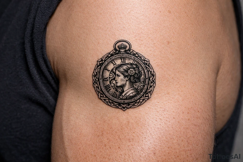 Victorian pocket watch, Margo's profile, intricate clockwork, woven knot border. tattoo idea