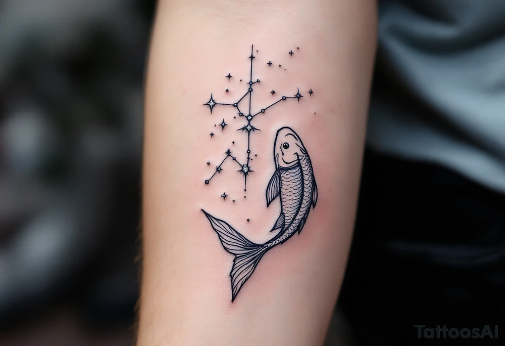 The Pisces zodiac sign floats beneath a delicate constellation drawn in pearlescent ink over a night-sky backdrop. tattoo idea