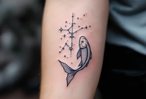The Pisces zodiac sign floats beneath a delicate constellation drawn in pearlescent ink over a night-sky backdrop. tattoo idea