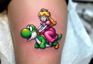 Princess Peach riding Yoshi from Mario Bros with vibrant colors. Make it more like the super Mario bros movie tattoo idea