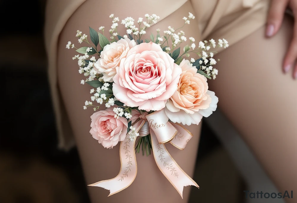 A delicate, hand-tied bouquet of roses, peonies, and baby’s breath, with soft pink, ivory, and pastel peach petals. The stems are wrapped in a silk ribbon with golden embroidery, flowing gently in the wind. Subtle watercolor shading creates a dreamy, romantic feel. tattoo idea