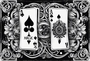 deck of card sprung in the air, you see the word magic as they fall from hand to hand tattoo idea