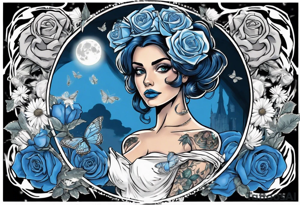 character Emily from the film corps bride. she is wearing a wedding dress. the vail on her head. she is holding a bouquet of blue roses in the middle of the bouquet  there is one white daisy. there is a Blue Morpho butterfly flying around her. A full moon on the background. tattoo idea