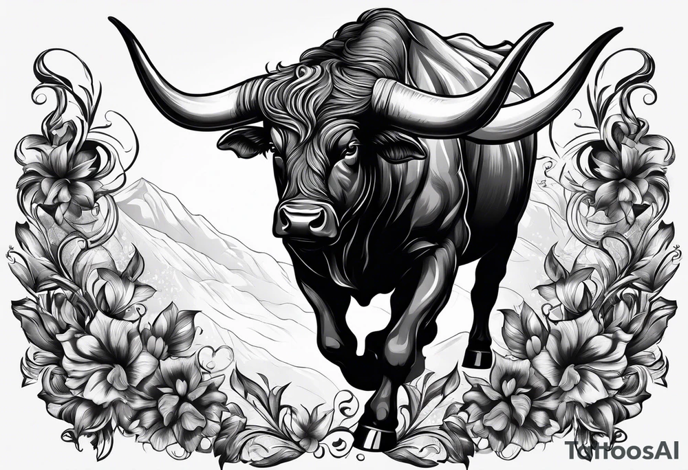 Large bull with horns busting through crowd tattoo idea