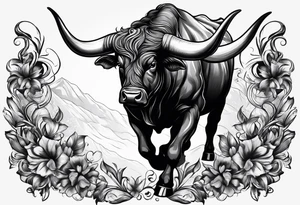 Large bull with horns busting through crowd tattoo idea