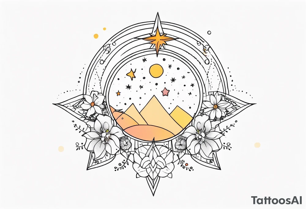 fine line with sun, stars, floral, dots. Sternum tattoo tattoo idea