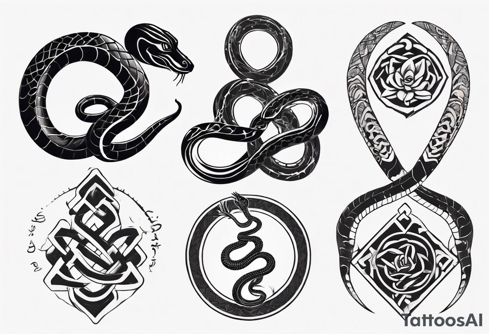 snakes interlocking around a Buddhist amulet that represents strength, protection, and love tattoo idea