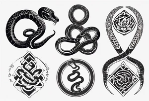 snakes interlocking around a Buddhist amulet that represents strength, protection, and love tattoo idea