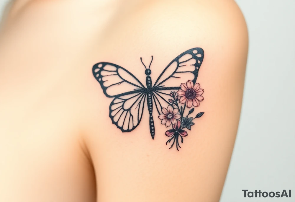 tattoo with butterfly: one side representing death and the other life. (from death to life) with a simple cross down the middle. The life side I's like the following flowers: Morning Glory, Lily of the Valley, Daffodil, Rose, Poppy, and Iris tattoo idea