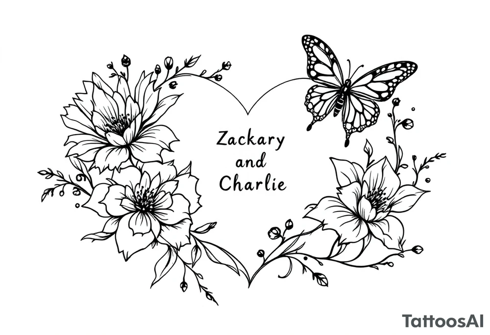 Flowers, heart and buttherfly with name Zackary and Charlie tattoo idea