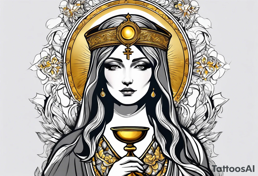 holy saint woman with golden halo holding a chalice tattoo idea